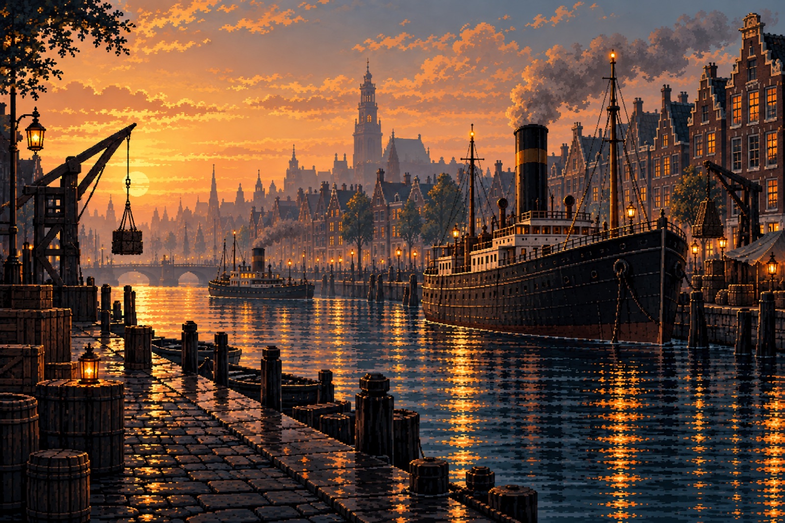 Le port d’Amsterdam au coucher du soleil en 1884, avec un vapeur marchand et des maisons de négoce – pixel art de Kontor 1884