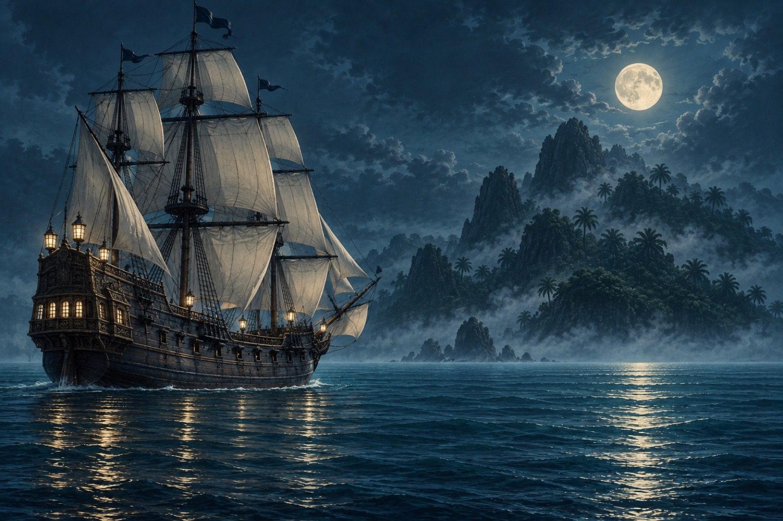 Eine Galeone unter vollen Segeln vor einer nebligen Dschungelinsel im Mondlicht – Titelbild von Tortuga 1680